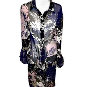 Anthony Richards Floral Abstract Sheer Tunic Blouse Black Pink Blue Womens